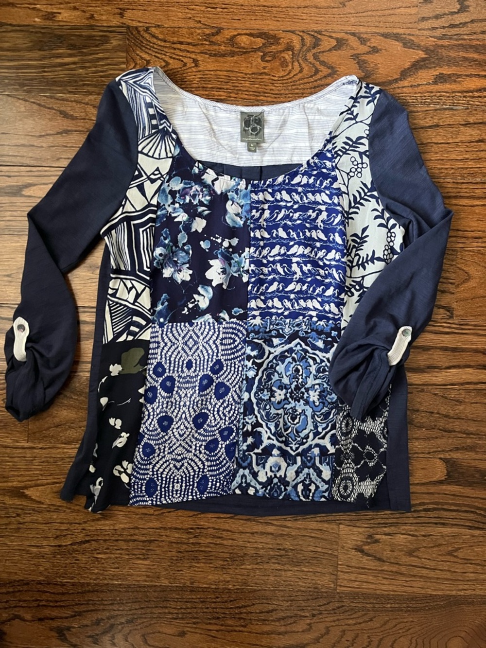 NWOT Anthropologie Patchwork Floral-Print Scoop Neck Top - Navy Blue